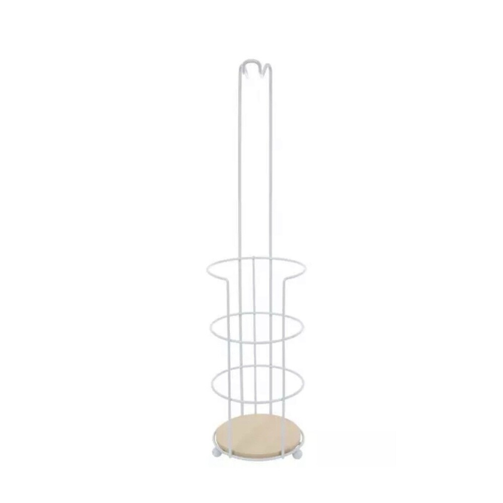 Aura Free Standing Toilet Paper Holder And Reserve White With Wood Base